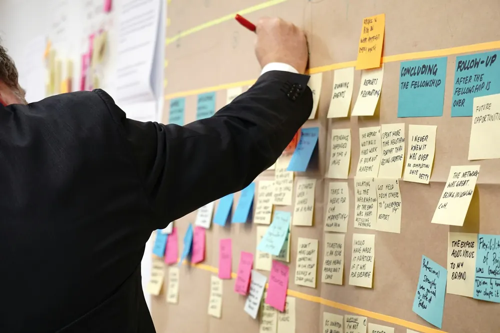 Planificación de estrategia con notas adhesivas en un tablero
